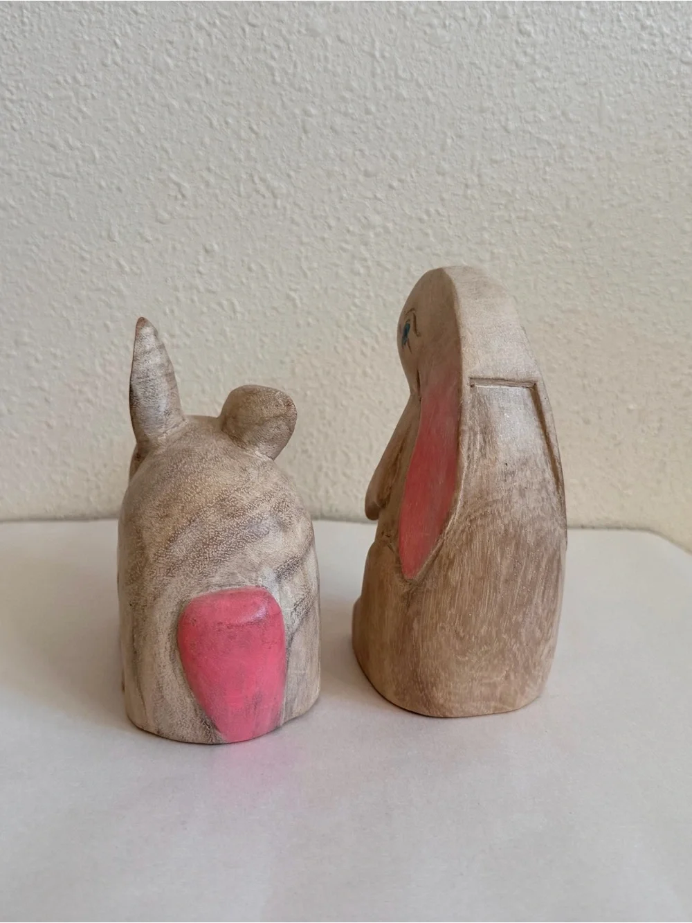 Vintage Thai Wooden Rabbit Hare Figurines Pair Hand Carved Painted 1980s 1990s